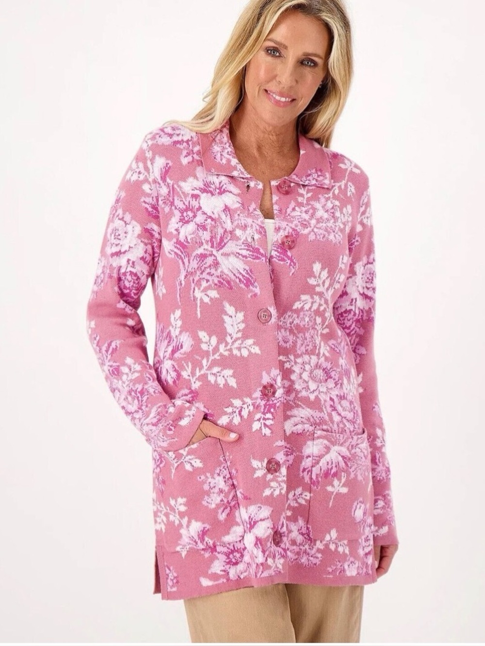 Isaac Mizrahi Live! Bridgehampton Pink Floral Jacquard Sweater Coatigan - Size S